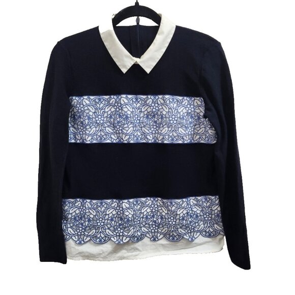 Tory Burch Navy Blue Wool Contrast Paneled Collared Sweater L - Picture 2 of 11